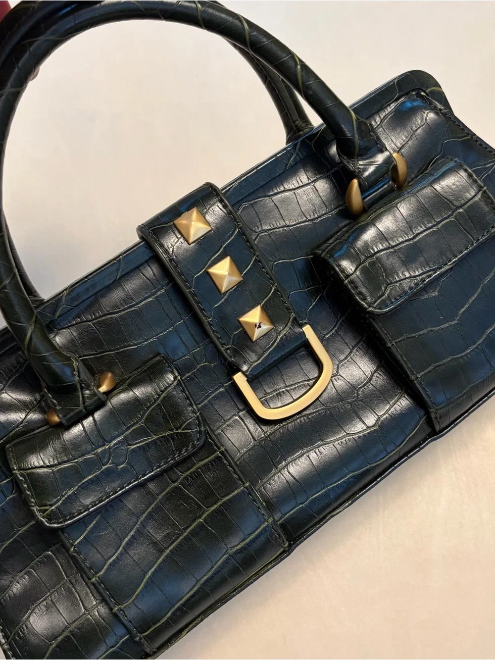 New York & Company Faux Crocodile Top-Handle Bag in Dark Green w/ Gold Hardware